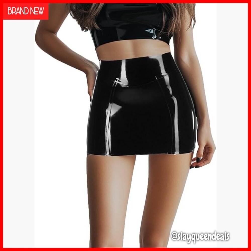 High Waist Latex Pencil Skirt, Back Zipper, Snug Fit, Above Knee Length